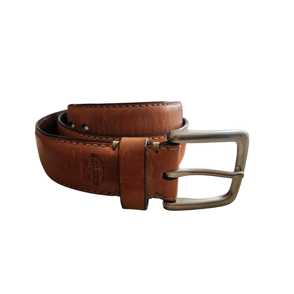 Fossil Leather Belt Men 36 Brown Silver Buckle Casual Workwear Basic 100153 1218